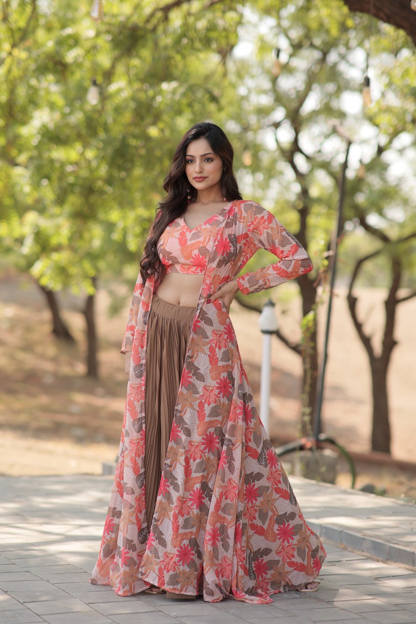 Floral Print Faux Georgette Lehenga Choli Set with Shrug