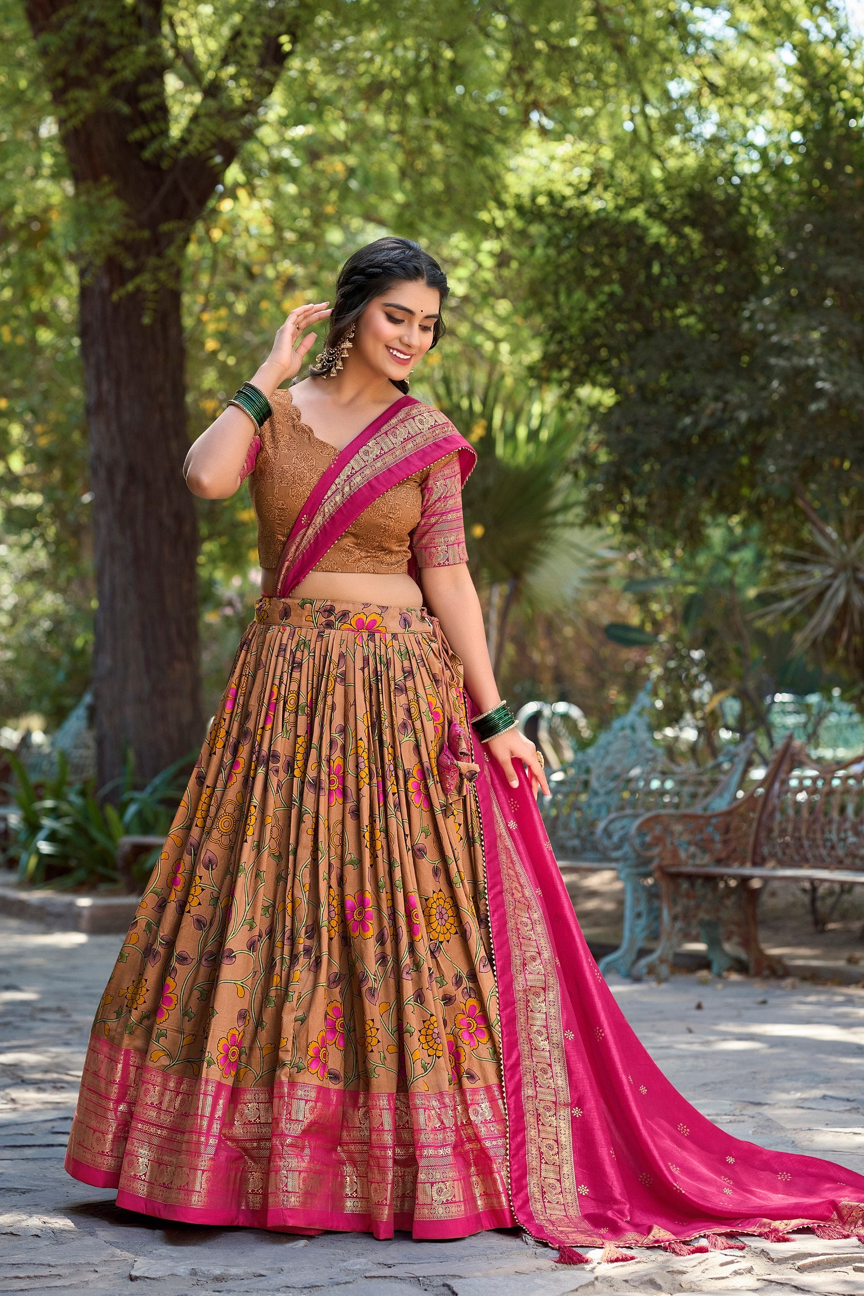 Mustard Kalamkari Tussar Silk Lehenga Choli with Foil Detailing and Canvas Stitching