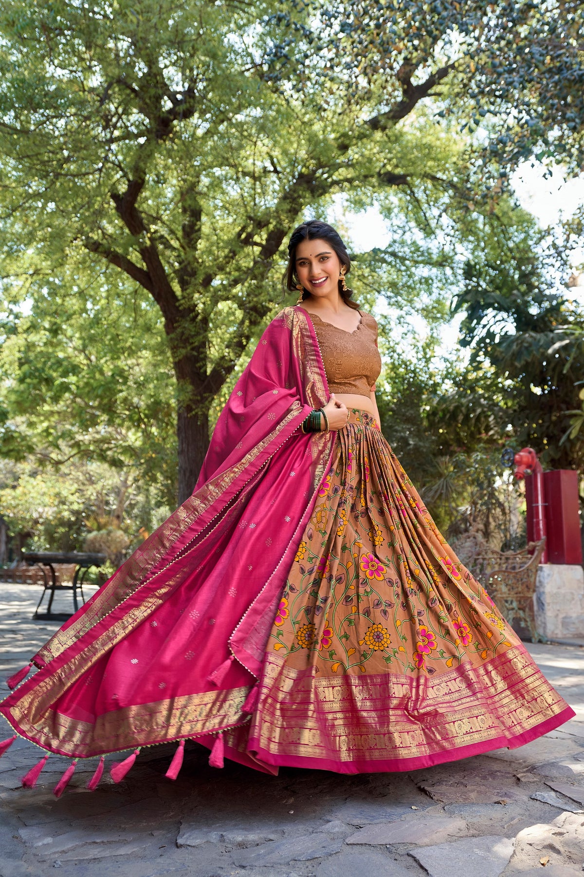 Mustard Kalamkari Tussar Silk Lehenga Choli with Foil Detailing and Canvas Stitching