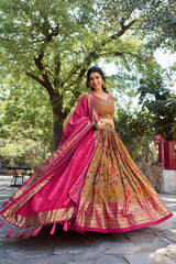 Mustard Kalamkari Tussar Silk Lehenga Choli with Foil Detailing and Canvas Stitching