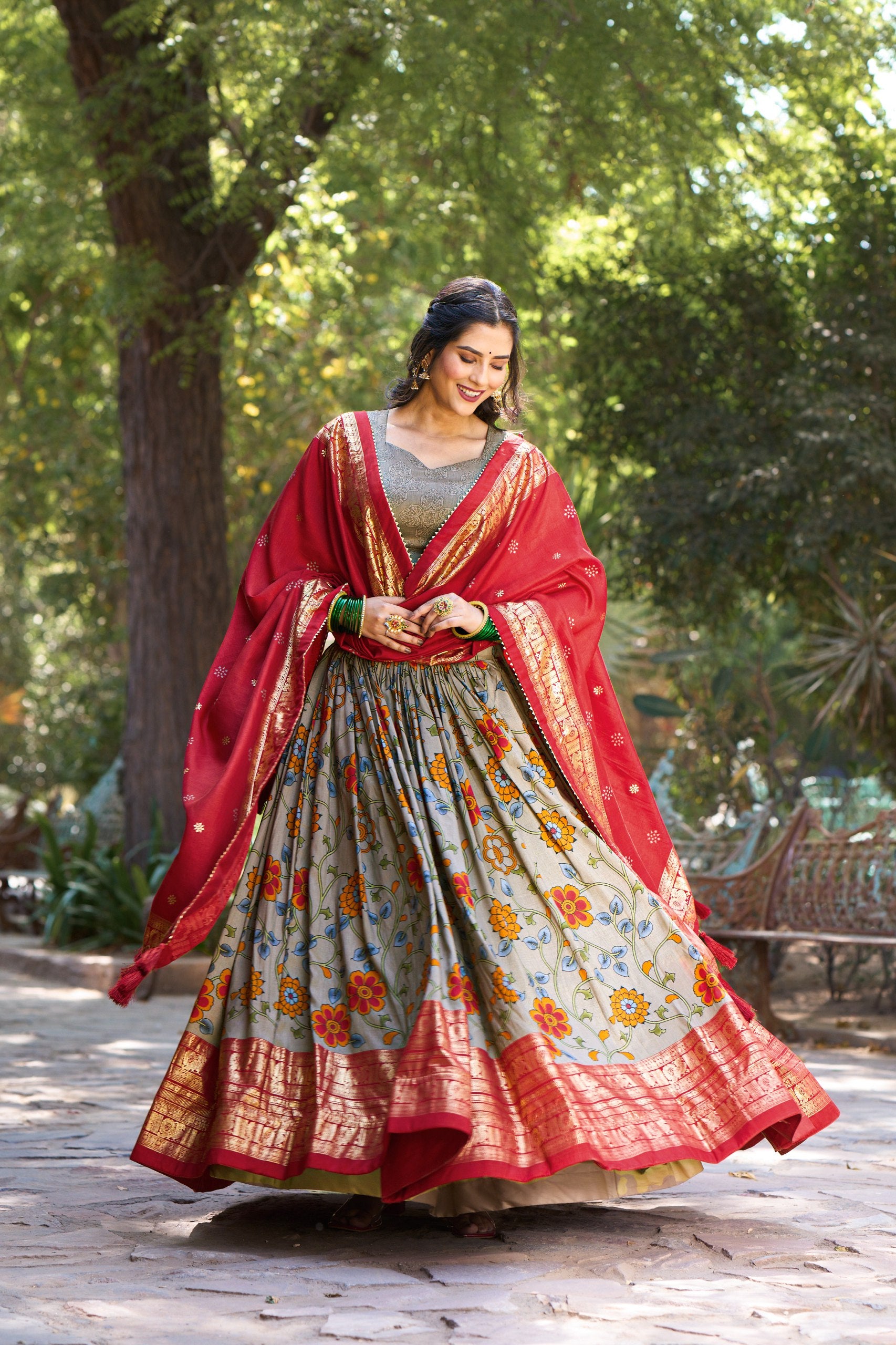 Grey Kalamkari Tussar Silk Lehenga Choli with Foil Print and Tassel Dupatta