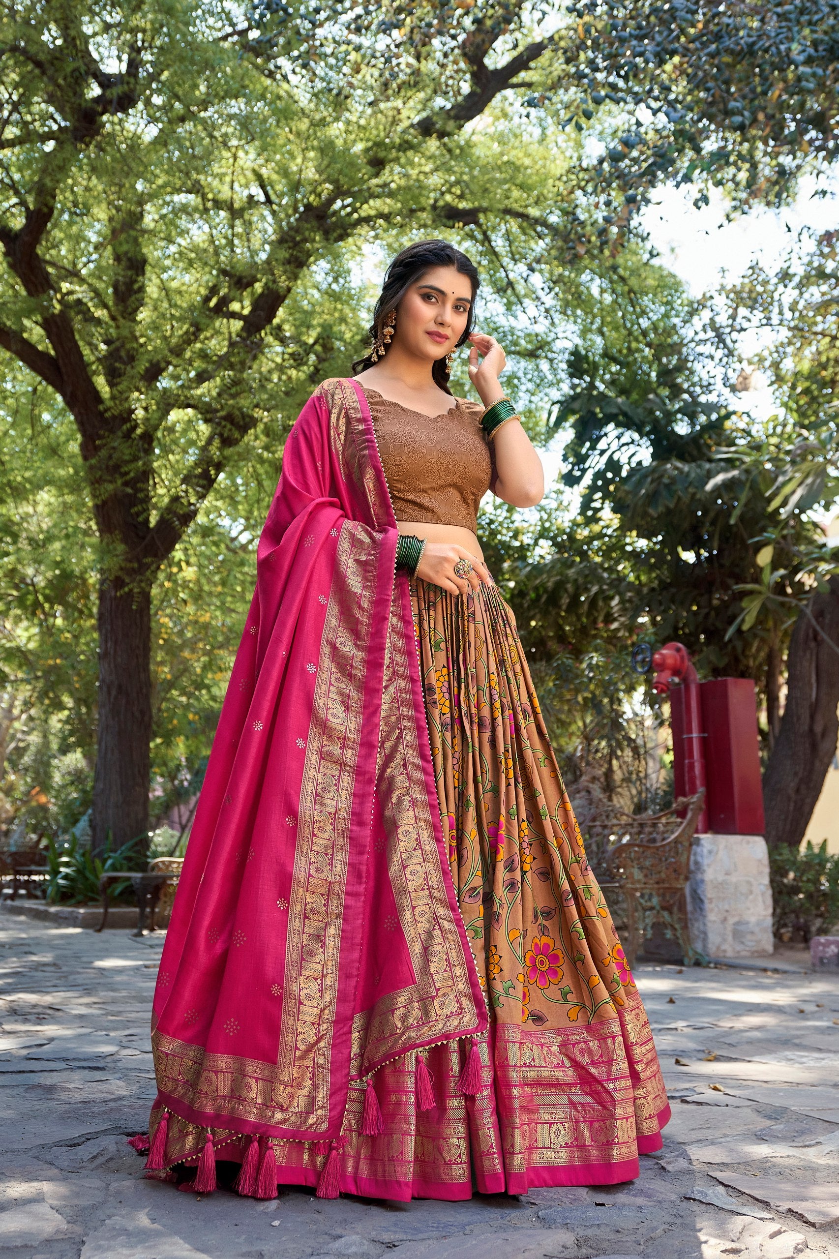 Mustard Kalamkari Tussar Silk Lehenga Choli with Foil Detailing and Canvas Stitching