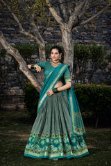 Sea Green Tussar Silk Printed Lehenga Choli with Foil Print & Tassel Dupatta