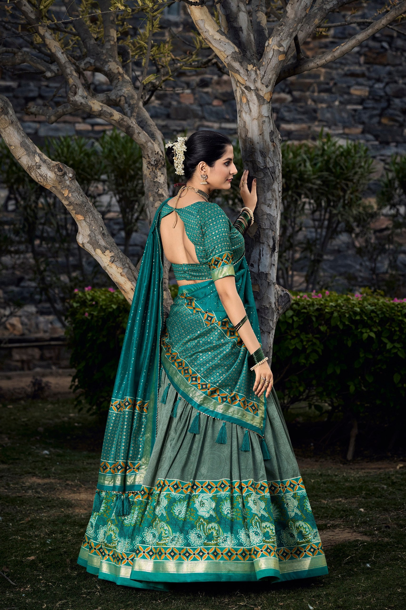 Sea Green Tussar Silk Printed Lehenga Choli with Foil Print & Tassel Dupatta