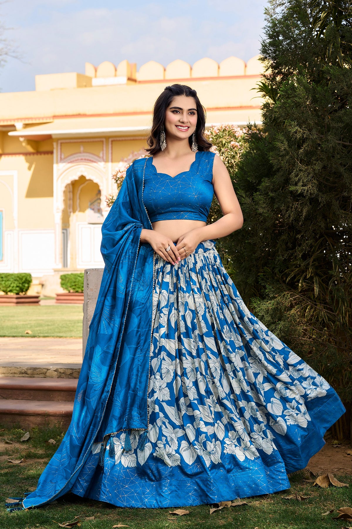 Royal Blue Tussar Silk Printed Lehenga Choli with Foil Print & Tassel Dupatta