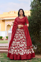 Red Tussar Silk Printed Lehenga Choli with Foil Print & Tassel Dupatta