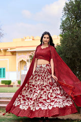 Red Tussar Silk Printed Lehenga Choli with Foil Print & Tassel Dupatta