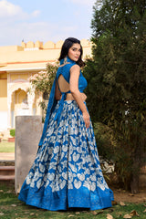 Royal Blue Tussar Silk Printed Lehenga Choli with Foil Print & Tassel Dupatta