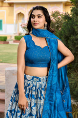 Royal Blue Tussar Silk Printed Lehenga Choli with Foil Print & Tassel Dupatta