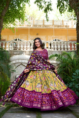 Yellow Tussar Silk Pichwai and Patola Printed Lehenga Choli with Foil Work Border & Tassel Dupatta