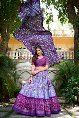 Lavender Tussar Silk Pichwai and Patola Printed Lehenga Choli with Foil Work Border & Tassel Dupatta