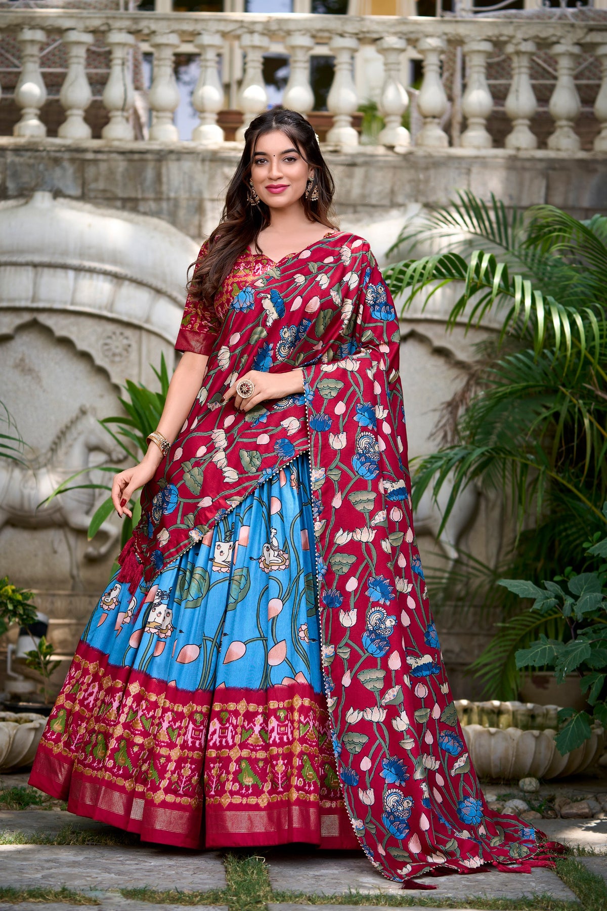 Frosted Rose Dola Silk Kalamkari Printed Lehenga Choli with Zari Weaving Border & Tassel Dupatta