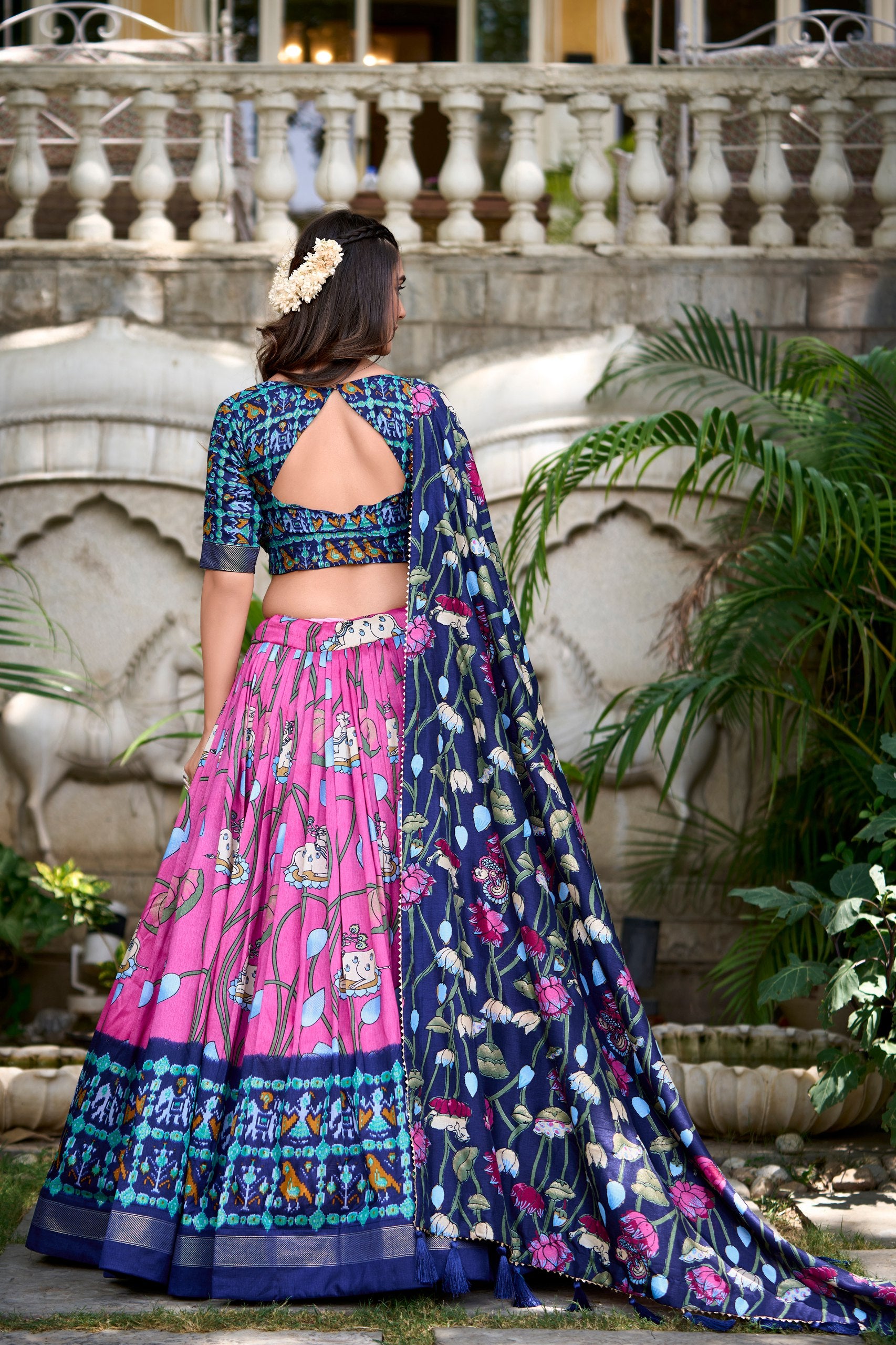 Pink Tussar Silk Pichwai and Patola Printed Lehenga Choli with Foil Work Border & Tassel Dupatta