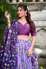 Lavender Tussar Silk Pichwai and Patola Printed Lehenga Choli with Foil Work Border & Tassel Dupatta