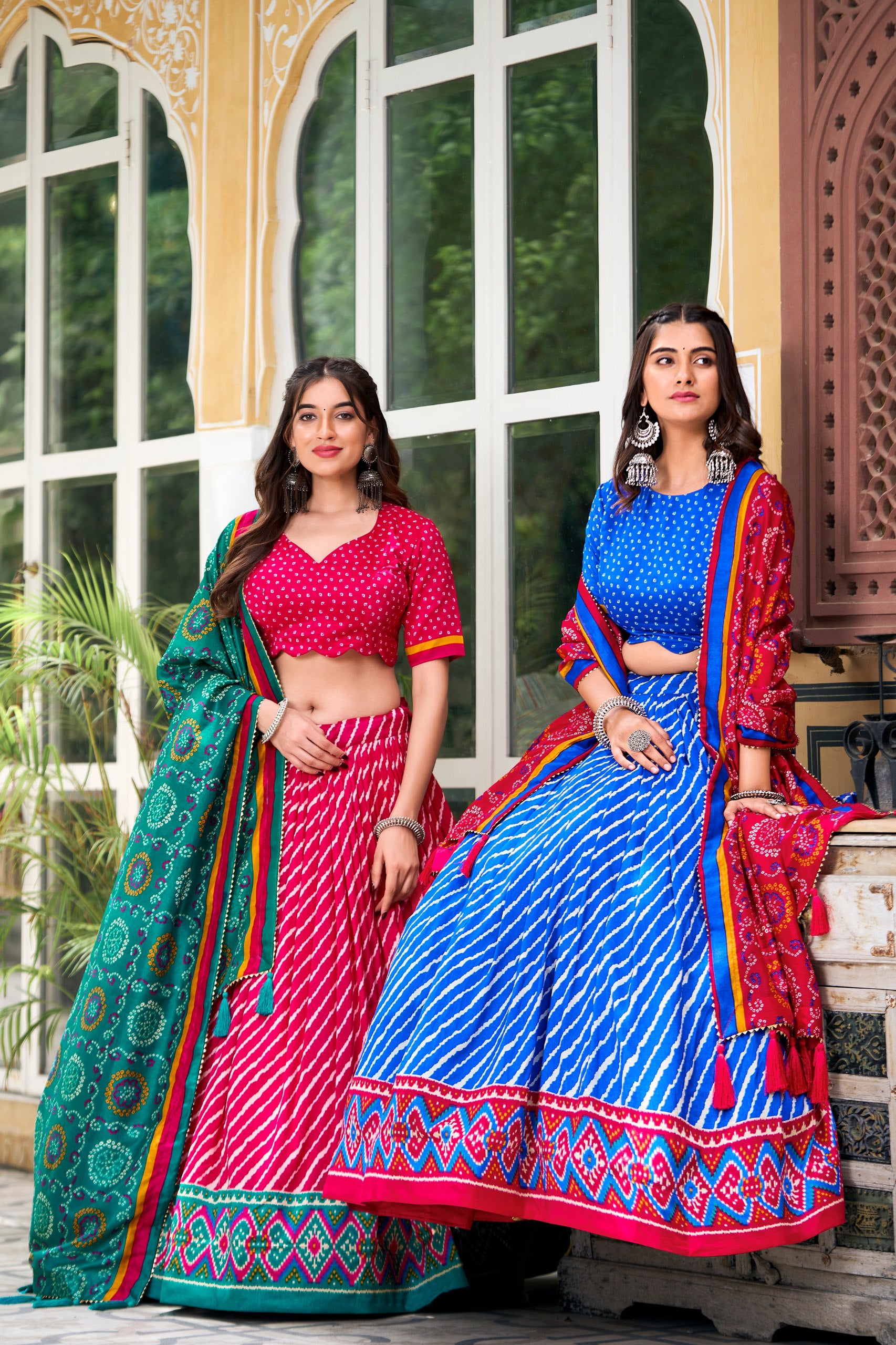 Pink Tussar Silk Lehenga Choli with Leheriya Print and Bandhani Dupatta