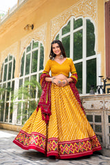 Yellow Tussar Silk Lehenga Choli with Leheriya Print and Bandhani Dupatta