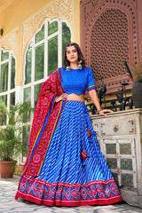 Blue Tussar Silk Lehenga Choli with Leheriya Print and Bandhani Dupatta