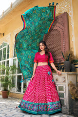 Pink Tussar Silk Lehenga Choli with Leheriya Print and Bandhani Dupatta