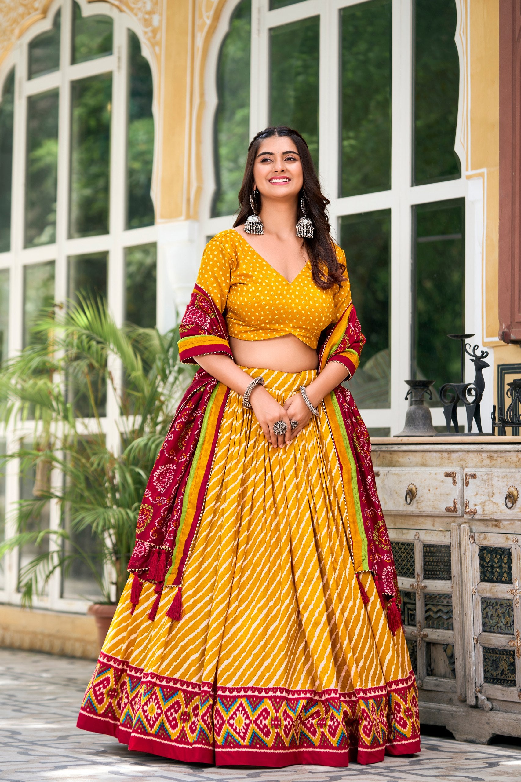 Yellow Tussar Silk Lehenga Choli with Leheriya Print and Bandhani Dupatta