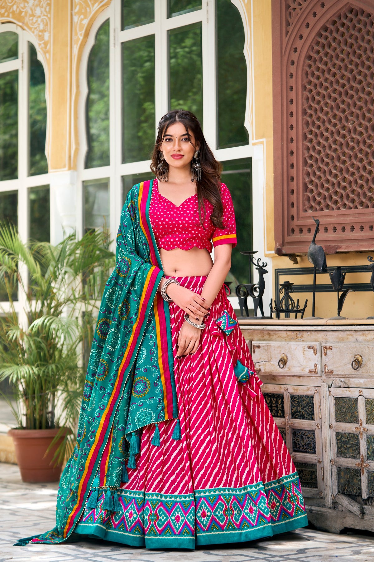 Pink Tussar Silk Lehenga Choli with Leheriya Print and Bandhani Dupatta