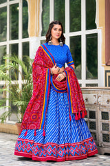 Blue Tussar Silk Lehenga Choli with Leheriya Print and Bandhani Dupatta