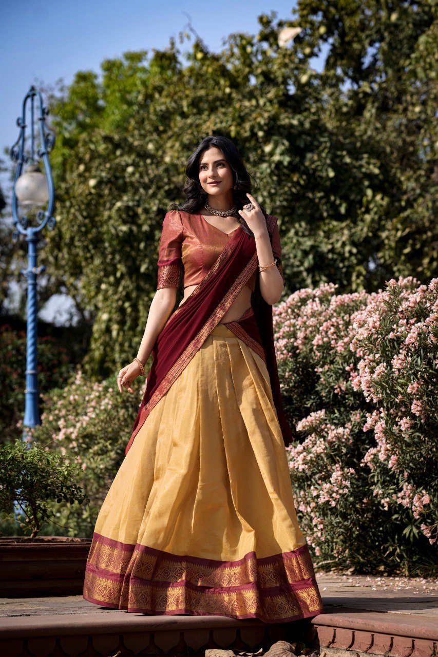 Golden Yellow and Burgundy Kanchipuram Silk Lehenga Choli with Georgette Dupatta