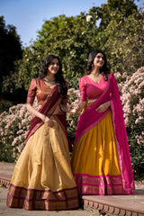 Golden Yellow and Burgundy Kanchipuram Silk Lehenga Choli with Georgette Dupatta