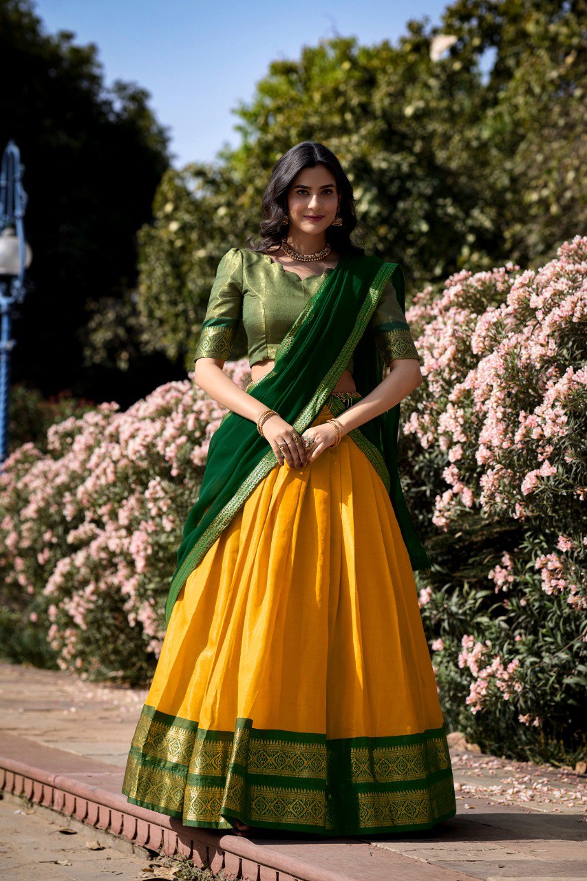 Radiant Yellow Kanchipuram Silk Lehenga Choli with Traditional Zari Work