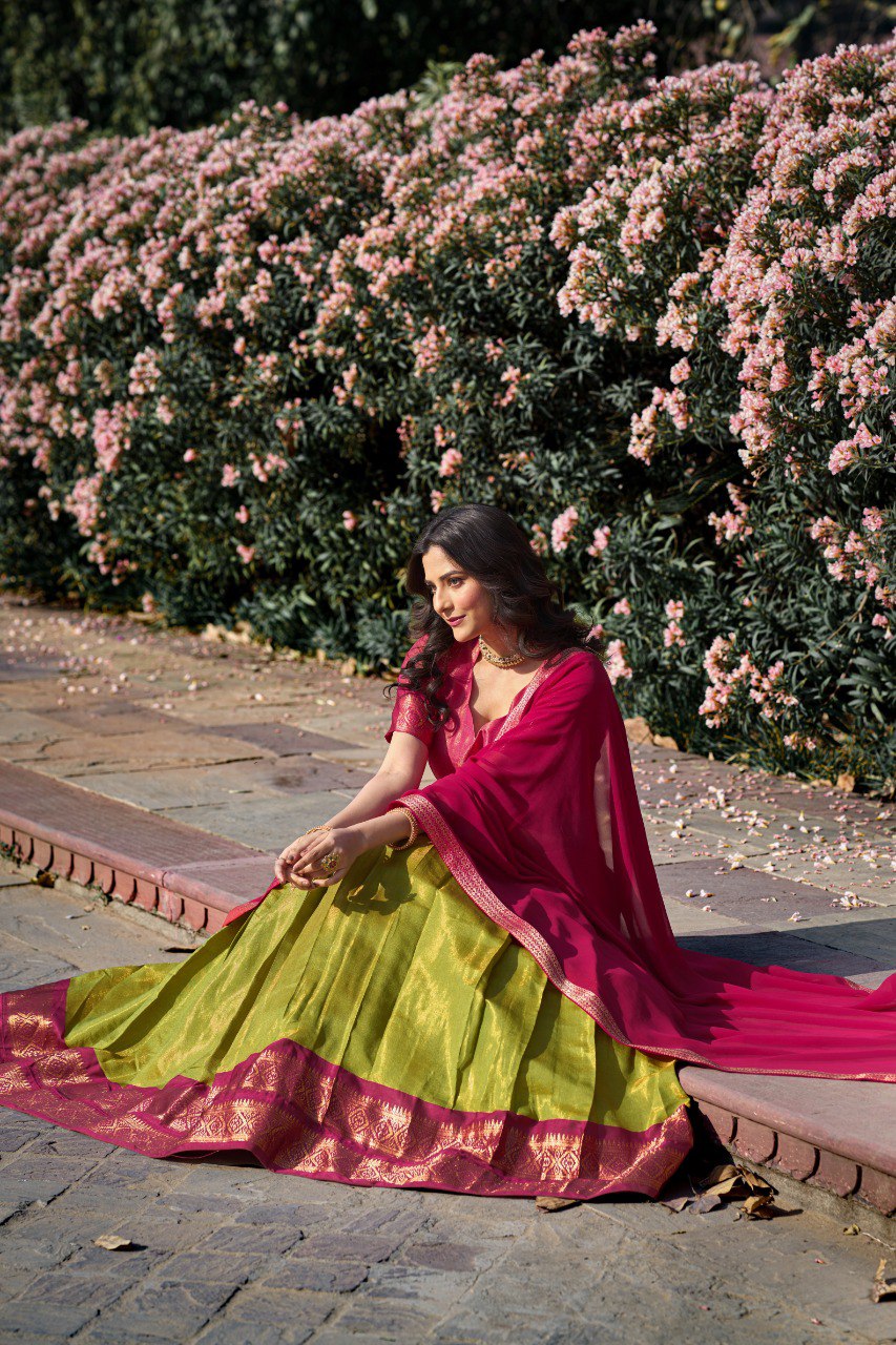 Elegant Green Kanchipuram Silk Lehenga Choli with Zari Work