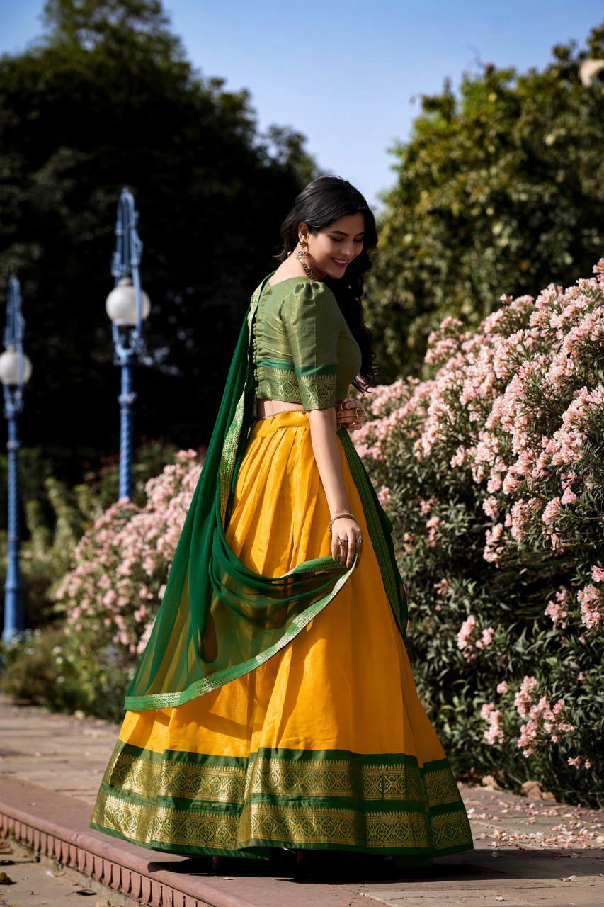 Radiant Yellow Kanchipuram Silk Lehenga Choli with Traditional Zari Work