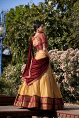 Golden Yellow and Burgundy Kanchipuram Silk Lehenga Choli with Georgette Dupatta