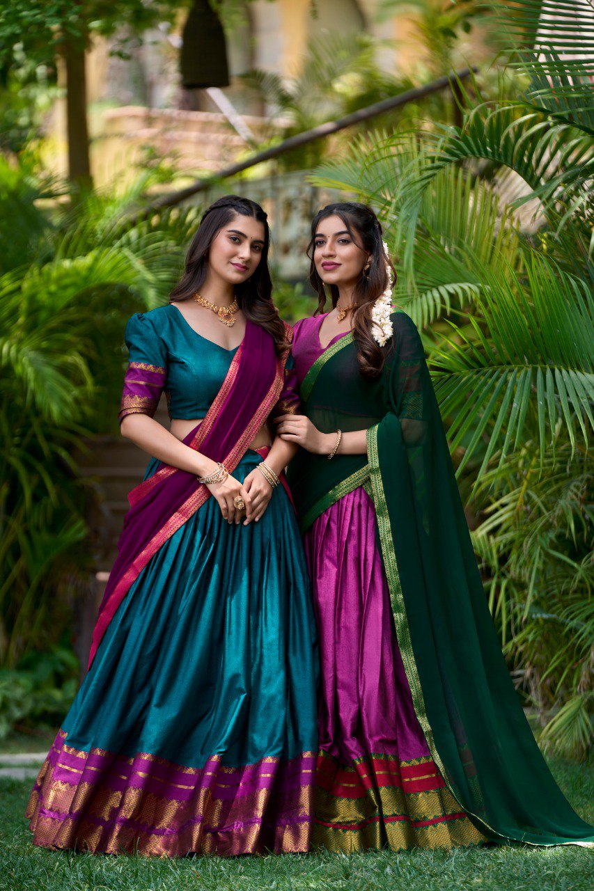 Teal Poly Cotton Half Saree with Zari Weaving Lehenga and Georgette Dupatta