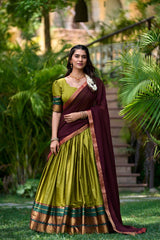 Olive Green Poly Cotton Half Saree with Zari Weaving Lehenga and Georgette Dupatta