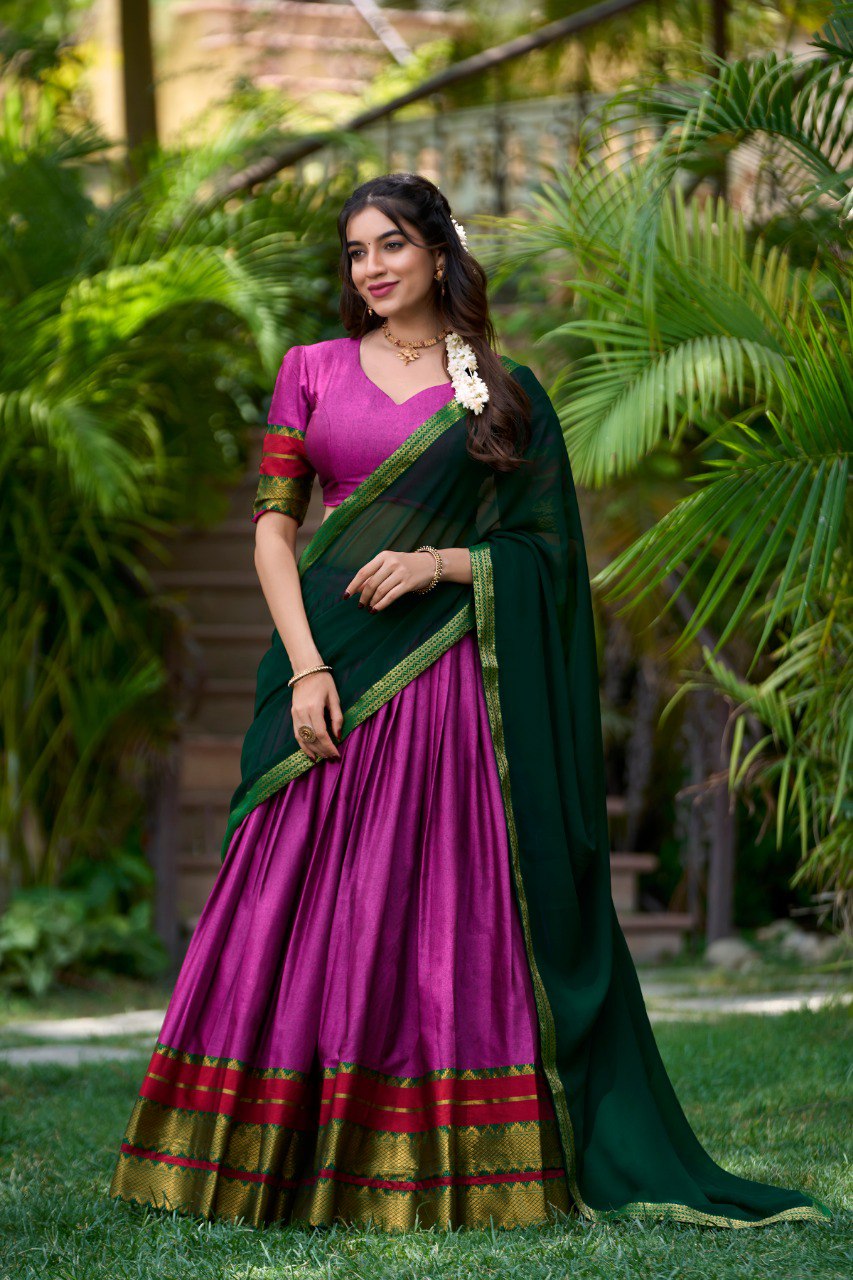 Pink Poly Cotton Half Saree with Zari Weaving Lehenga and Georgette Dupatta