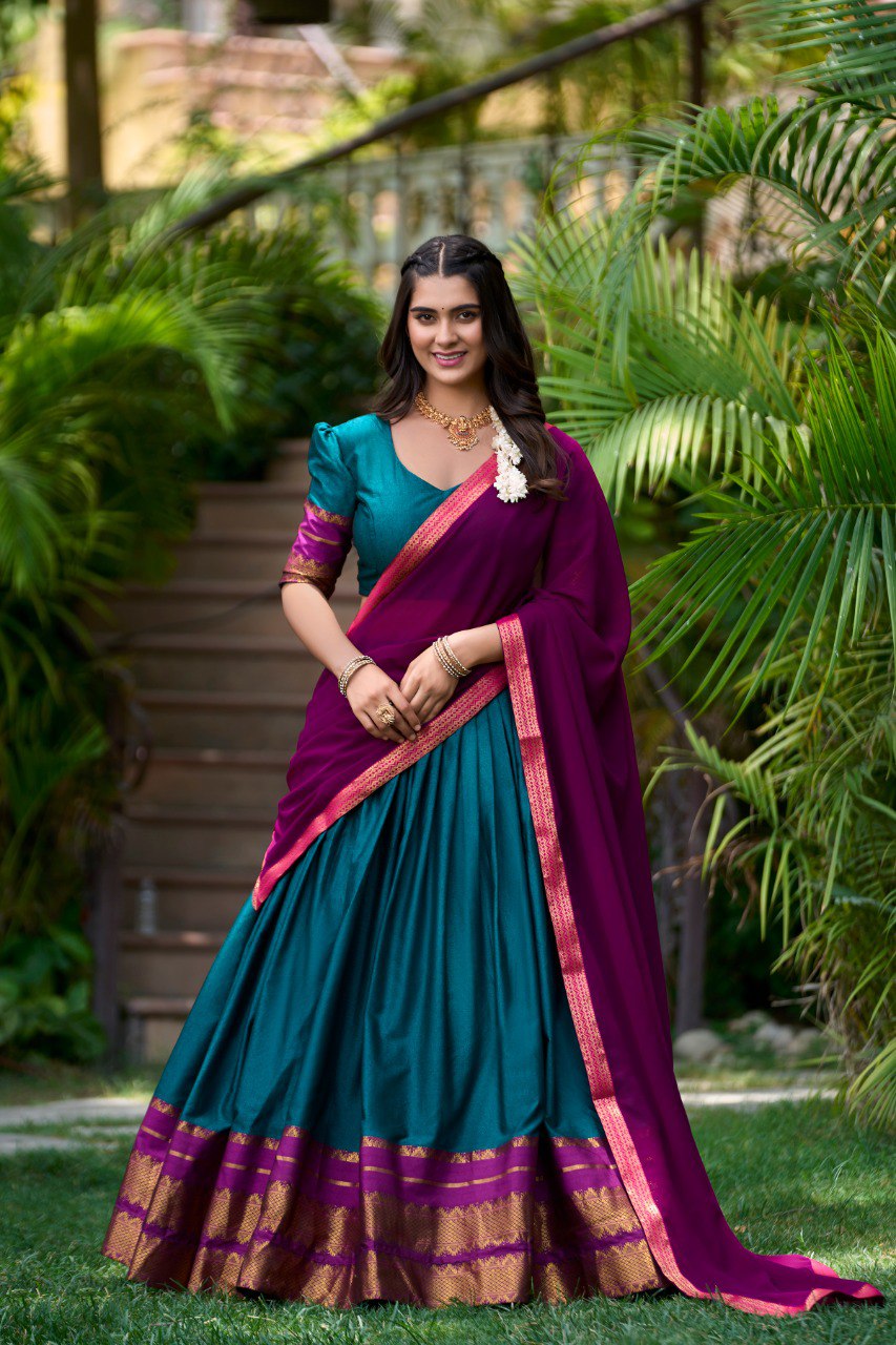 Teal Poly Cotton Half Saree with Zari Weaving Lehenga and Georgette Dupatta