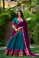 Teal Poly Cotton Half Saree with Zari Weaving Lehenga and Georgette Dupatta