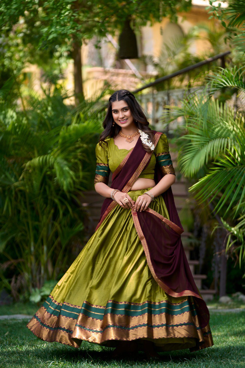 Olive Green Poly Cotton Half Saree with Zari Weaving Lehenga and Georgette Dupatta