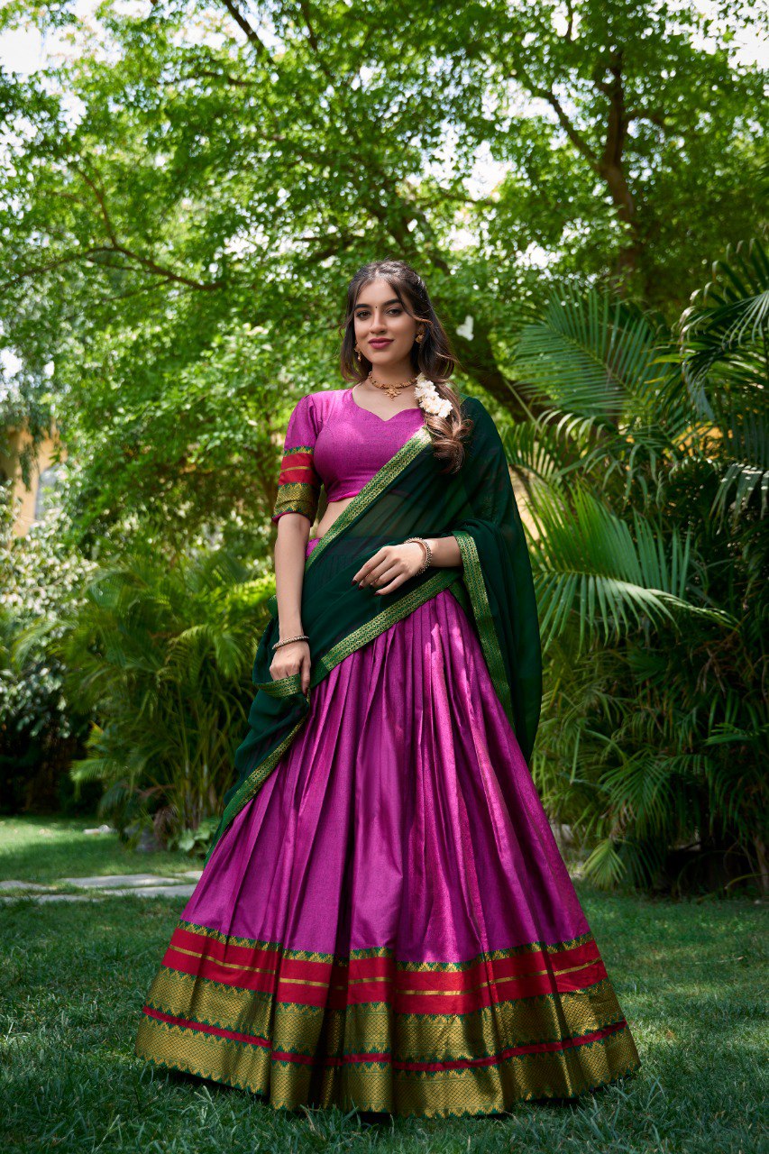 Pink Poly Cotton Half Saree with Zari Weaving Lehenga and Georgette Dupatta