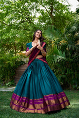 Teal Poly Cotton Half Saree with Zari Weaving Lehenga and Georgette Dupatta