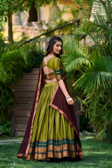 Olive Green Poly Cotton Half Saree with Zari Weaving Lehenga and Georgette Dupatta