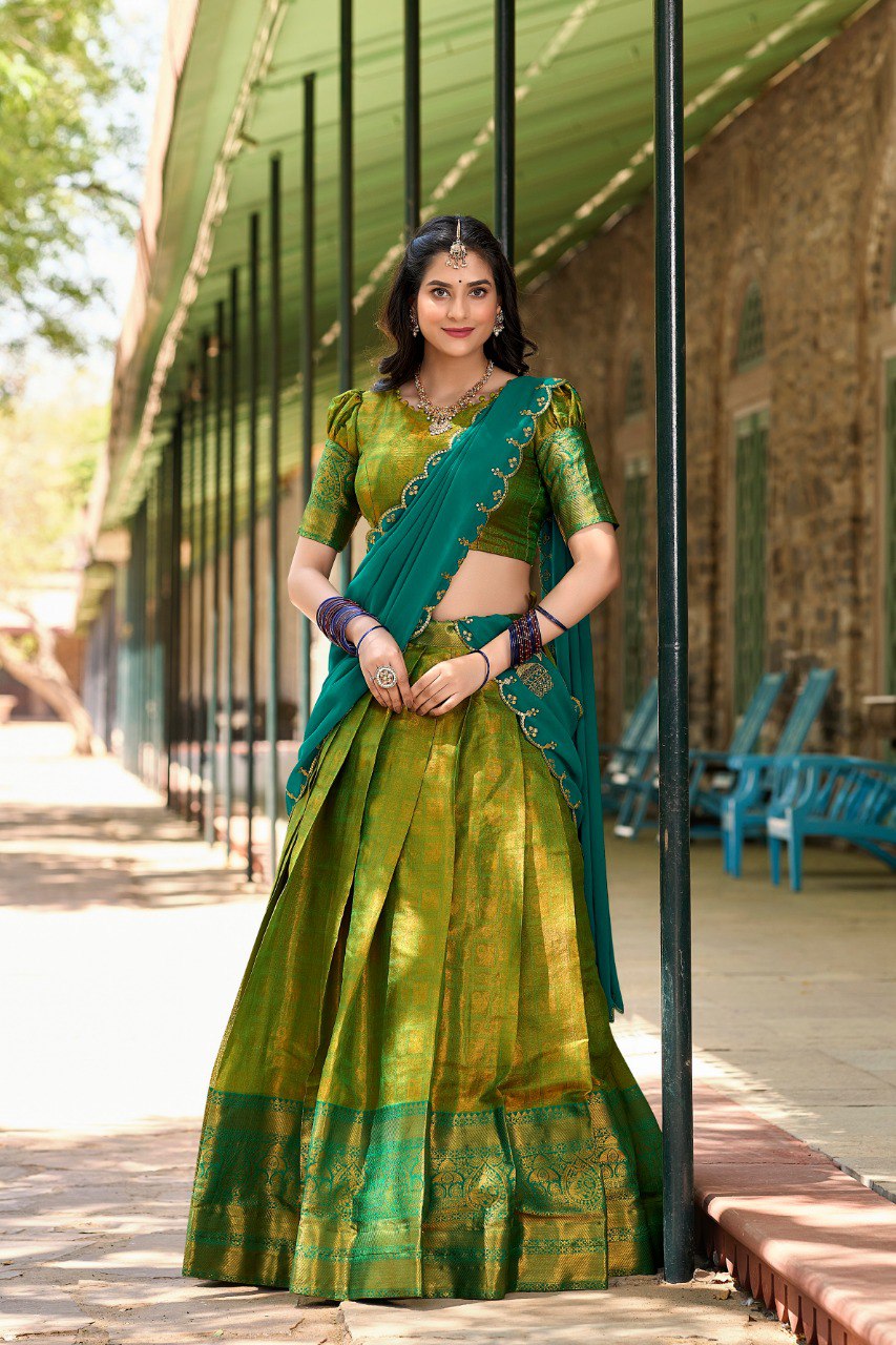 Green Kanjivaram Silk Lehenga Choli with Zari Weaving and Embroidered Dupatta