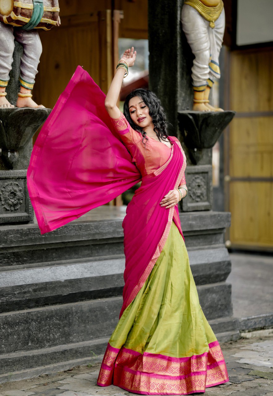 Elegant Green Kanchipuram Silk Lehenga Choli with Zari Work