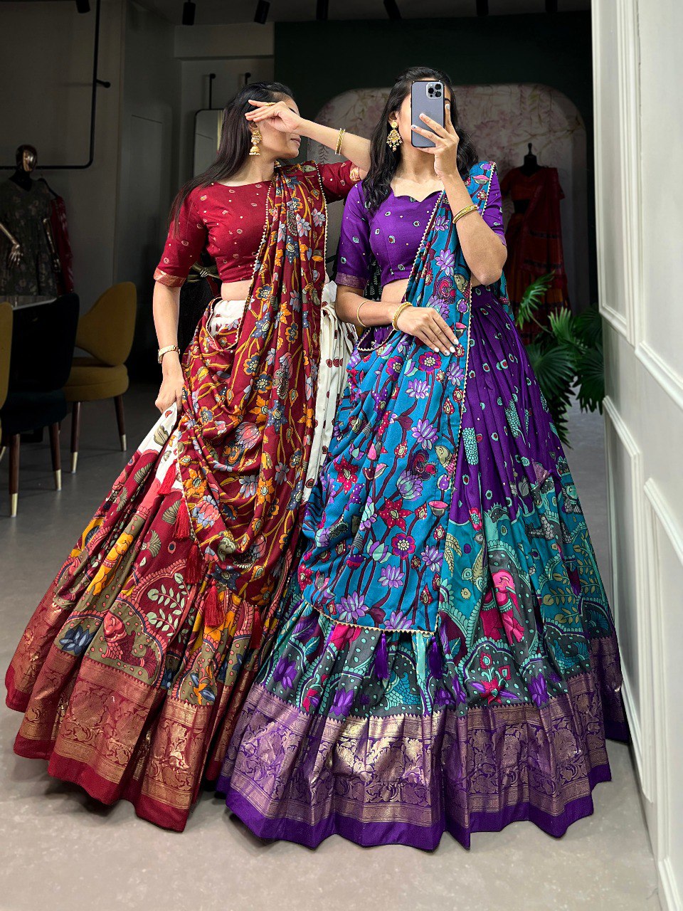 Off White Tussar Silk Kalamkari Lehenga Choli with Foil Border and Tassels