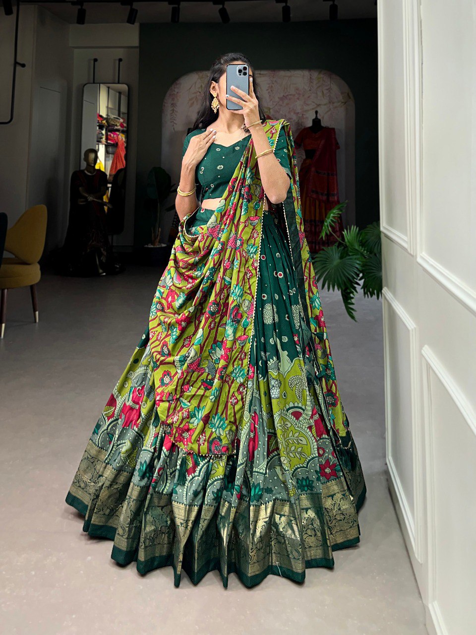 Green Tussar Silk Kalamkari Lehenga Choli with Gotta Patti Dupatta