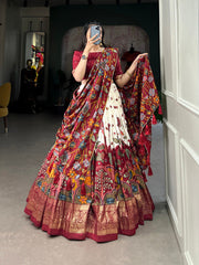 Off White Tussar Silk Kalamkari Lehenga Choli with Foil Border and Tassels