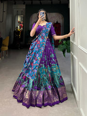 Purple Tussar Silk Kalamkari Lehenga Choli with Foil Work Border