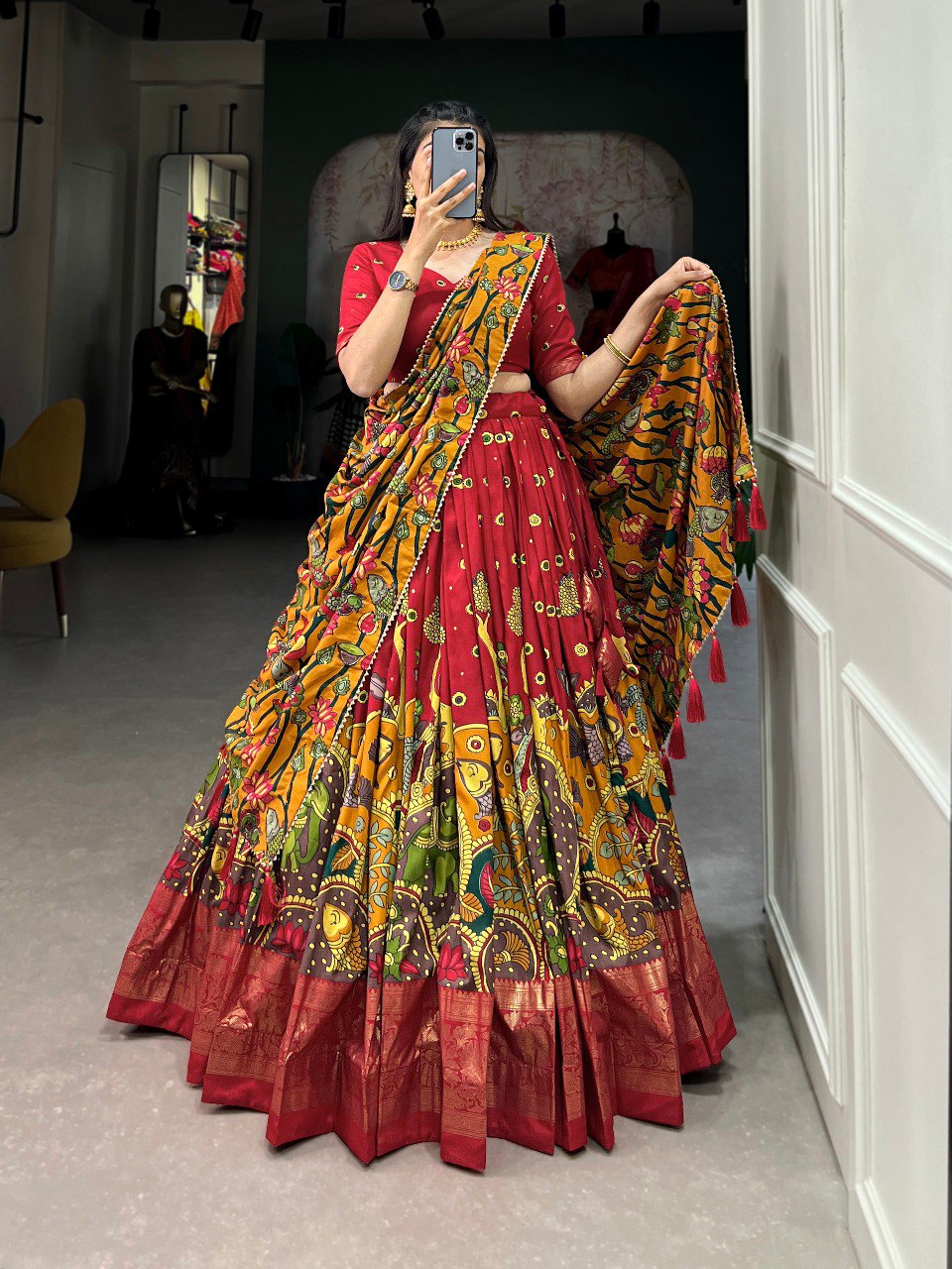 Red Tussar Silk Kalamkari Lehenga Choli with Tassel and Gotta Patti Detailing