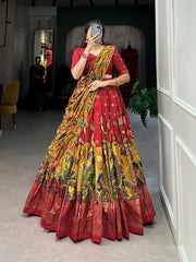 Red Tussar Silk Kalamkari Lehenga Choli with Tassel and Gotta Patti Detailing