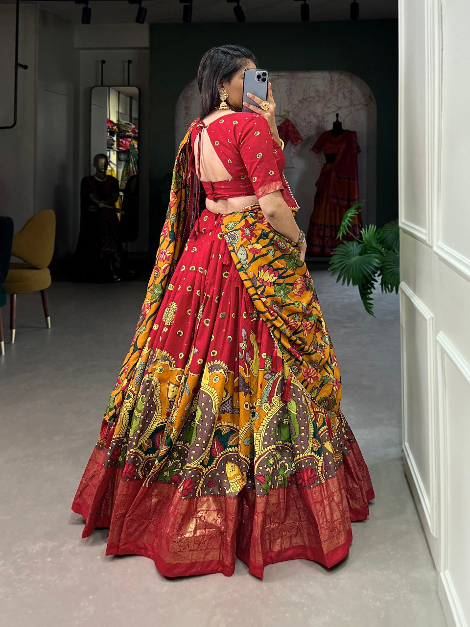 Red Tussar Silk Kalamkari Lehenga Choli with Tassel and Gotta Patti Detailing