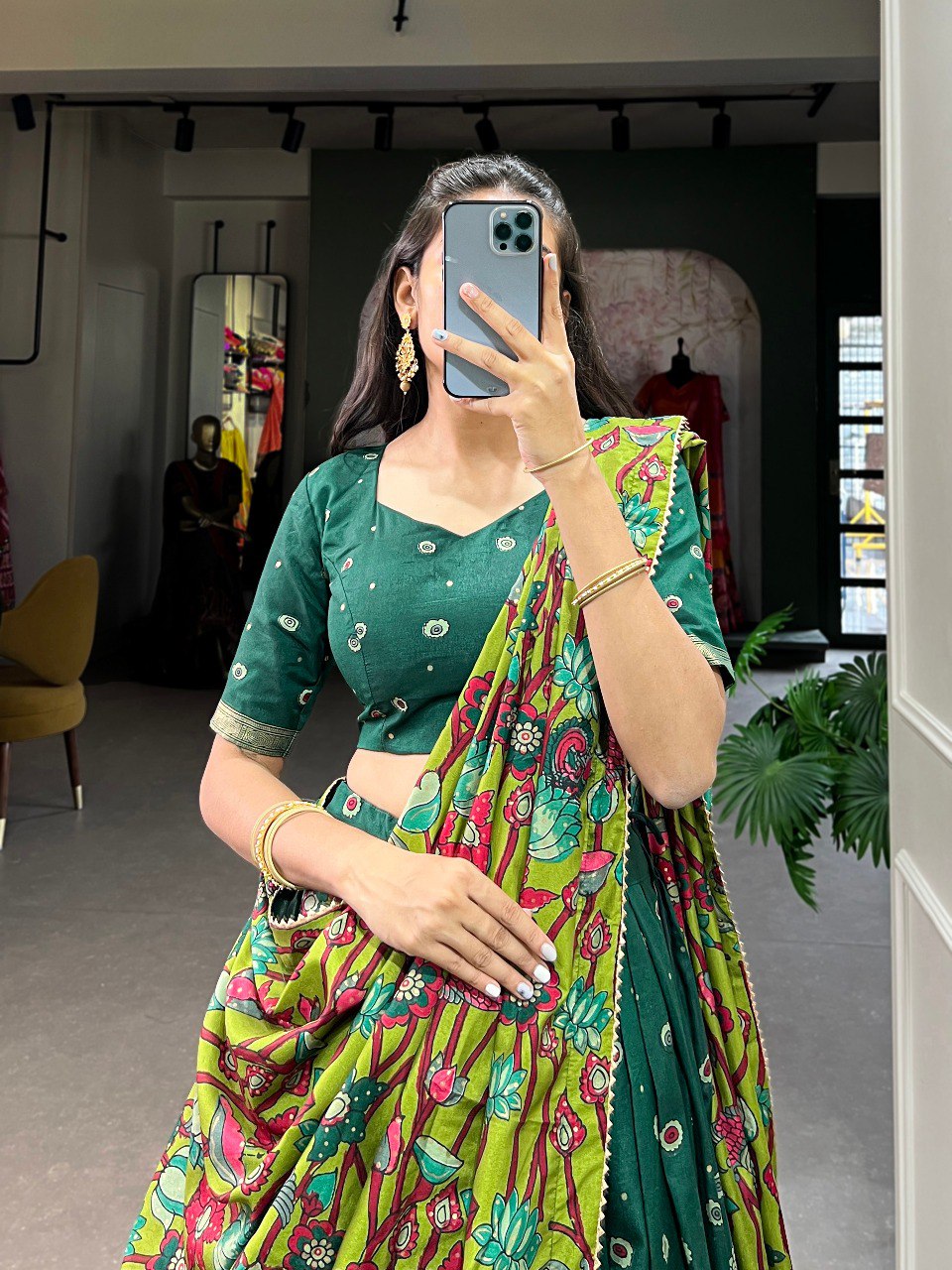 Green Tussar Silk Kalamkari Lehenga Choli with Gotta Patti Dupatta